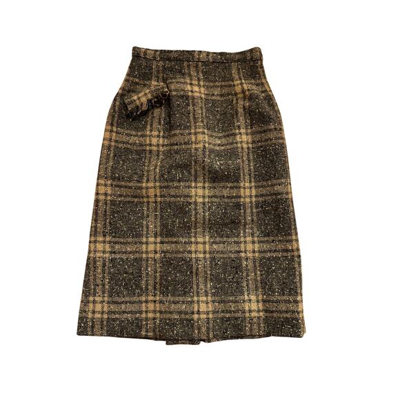 Vintage Brown and Tan Plaid Wool A- Line Skirt 26" Waist from Minglers - Picture 1 of 5